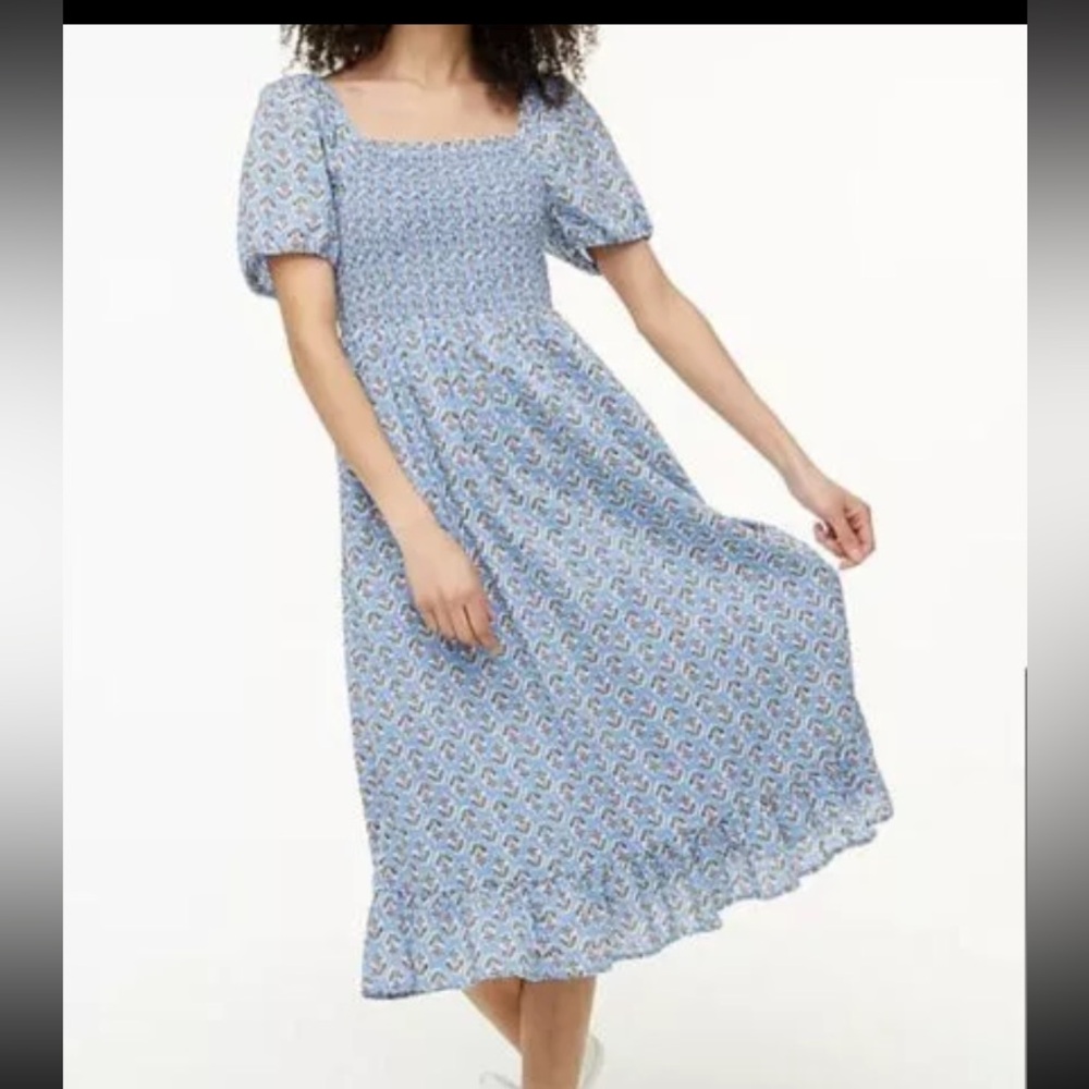 J. Crew Block Print Blue Floral Smocked Puff Sleeve Midi Dress Size XL pockets